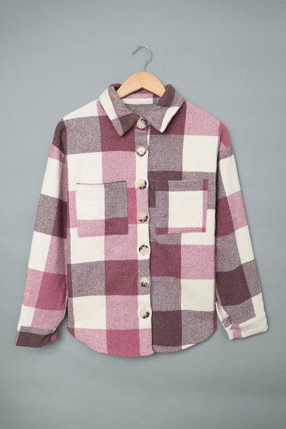 Grey Plaid Color Block Pockets Buttoned Shacket - Eloy Royal