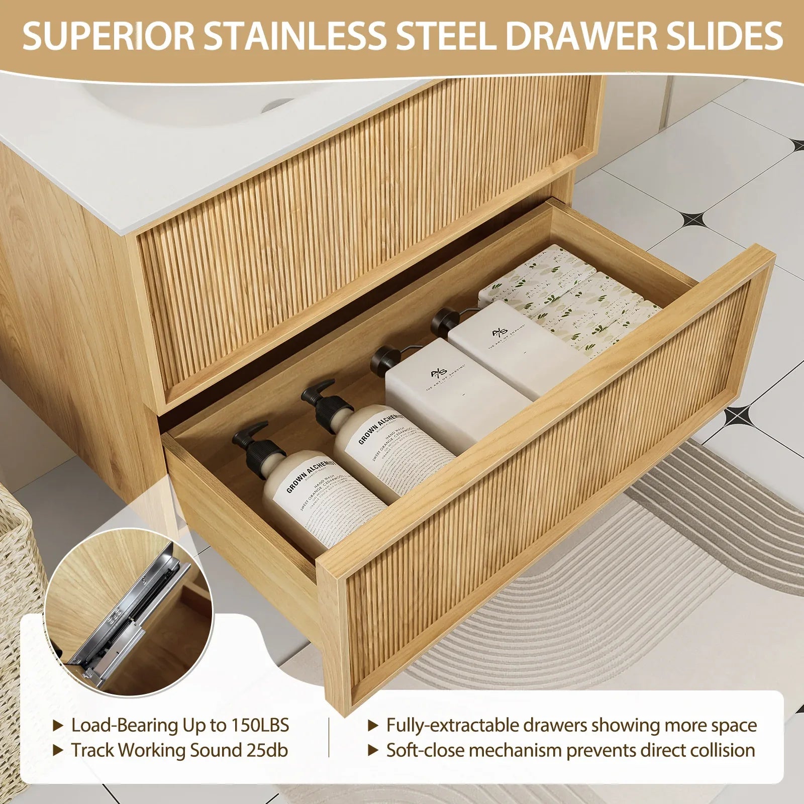 24-Inch Floating Bathroom Vanity with Sink - Natural Oak Fluted Front, Multi-Layer Solid Wood, Wall-Mounted, White Stone Top, 2 Soft-Close Drawers - Eloy Royal