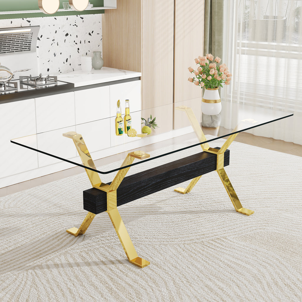 Dining table. Modern tempered glass dining table. Large modern office desk with gold plated metal legs and MDF crossbars, suitable for both home and office use. Kitchen. 79 ''x39''x30 ''  1105