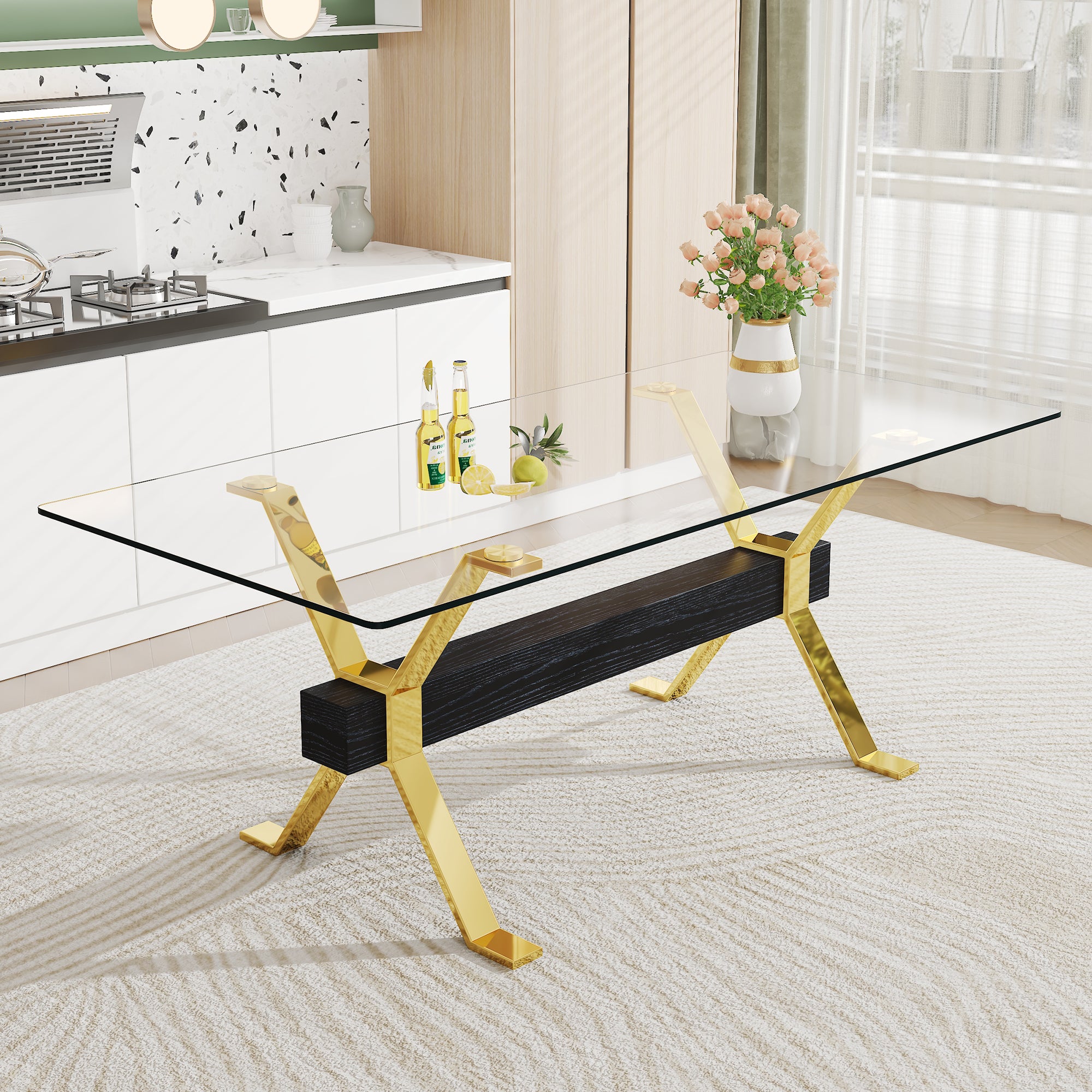 Dining table. Modern tempered glass dining table. Large modern office desk with gold plated metal legs and MDF crossbars, suitable for both home and office use. Kitchen. 79 ''x39''x30 ''  1105
