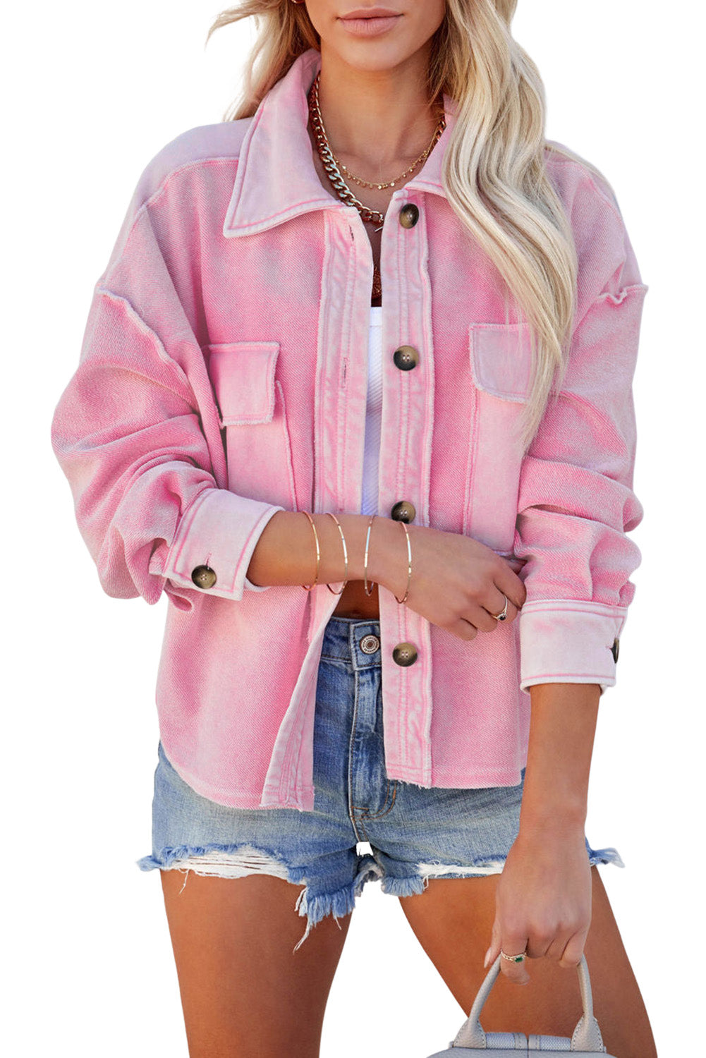 Pink Turn-Down Collar Pockets Shirt Jacket - Eloy Royal