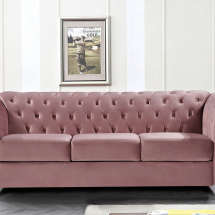 Chesterfield 3-Seater Crushed Velvet Sofa, Button Tufted Couch with Rolled Arms, High Density Foam & Spring Support, Wood Tapered Legs, Includes Matching Bolster for Living Room