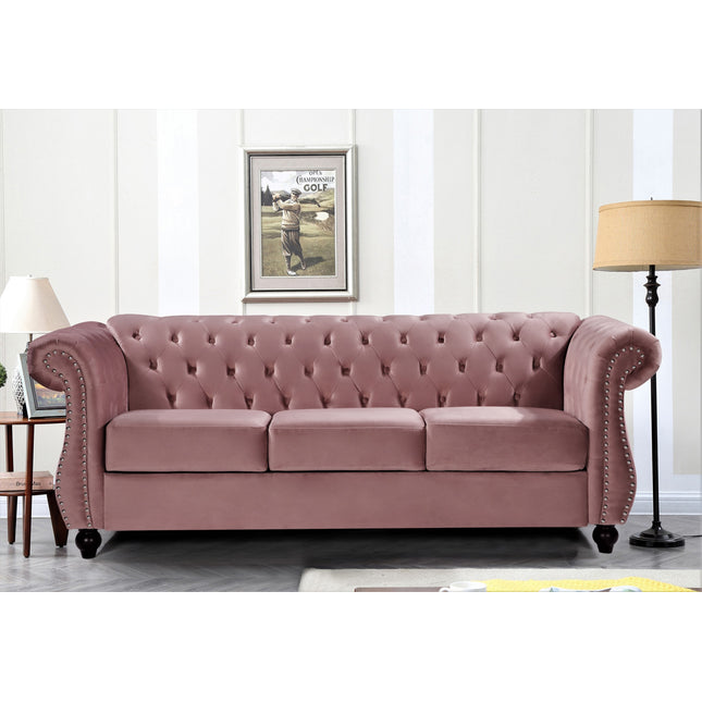 Chesterfield 3-Seater Crushed Velvet Sofa, Button Tufted Couch with Rolled Arms, High Density Foam & Spring Support, Wood Tapered Legs, Includes Matching Bolster for Living Room