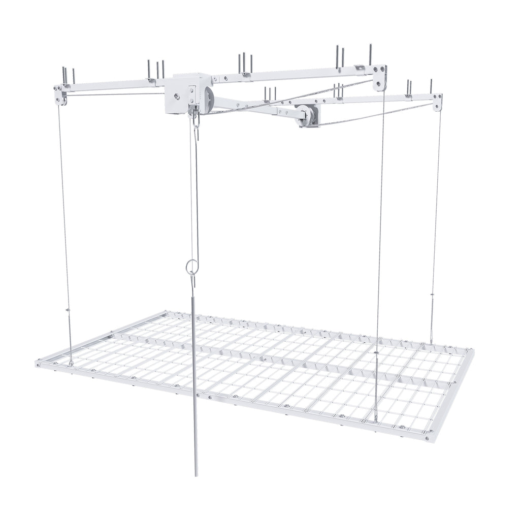 White Overhead Garage Storage Rack 4x8 FT for High Ceilings 10-12 FT, 350LBS Capacity All-Steel Construction with Safety Lock