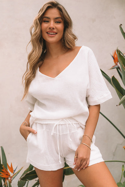 White Loose V Neck Blouse & Drawstring Raw Hem Shorts Set - Eloy Royal