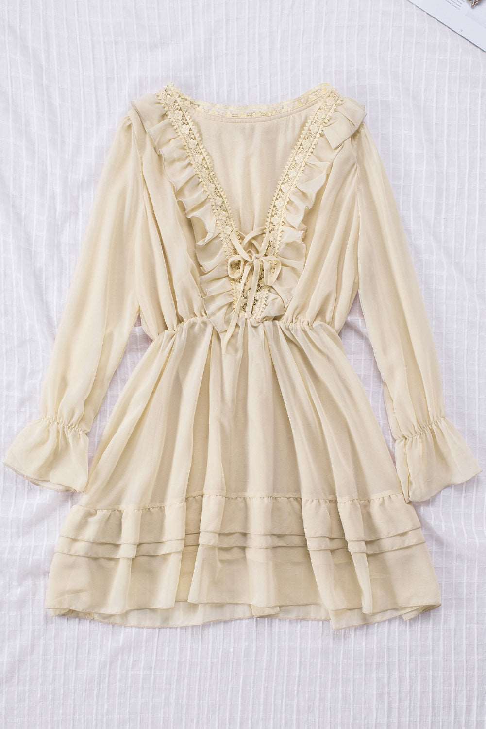 Beige Lacy V Neck Ruffled Mini Dress