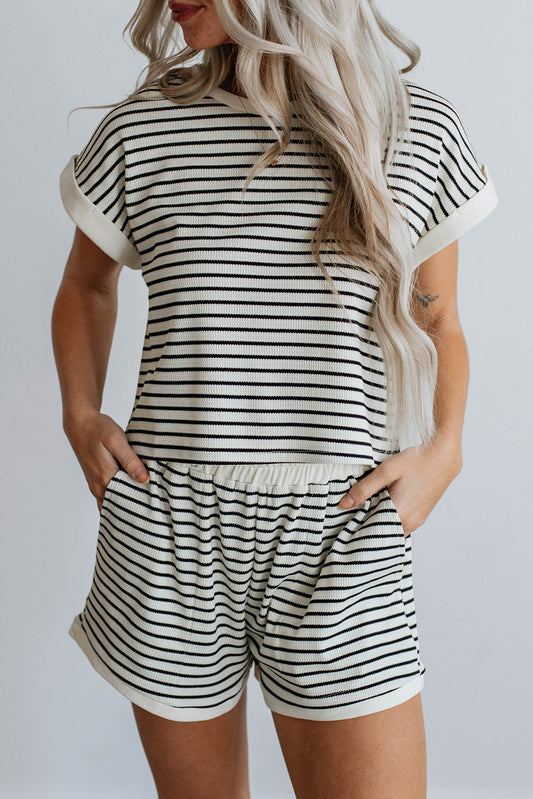 White Stripe Contrast Trim Rib Tee and Pocketed Shorts Set - Eloy Royal