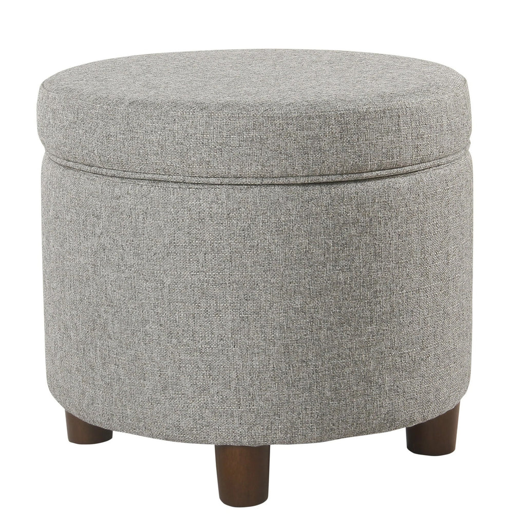 Fabric Upholstered Round Wooden Ottoman with Lift Off Lid Storage, Light Gray