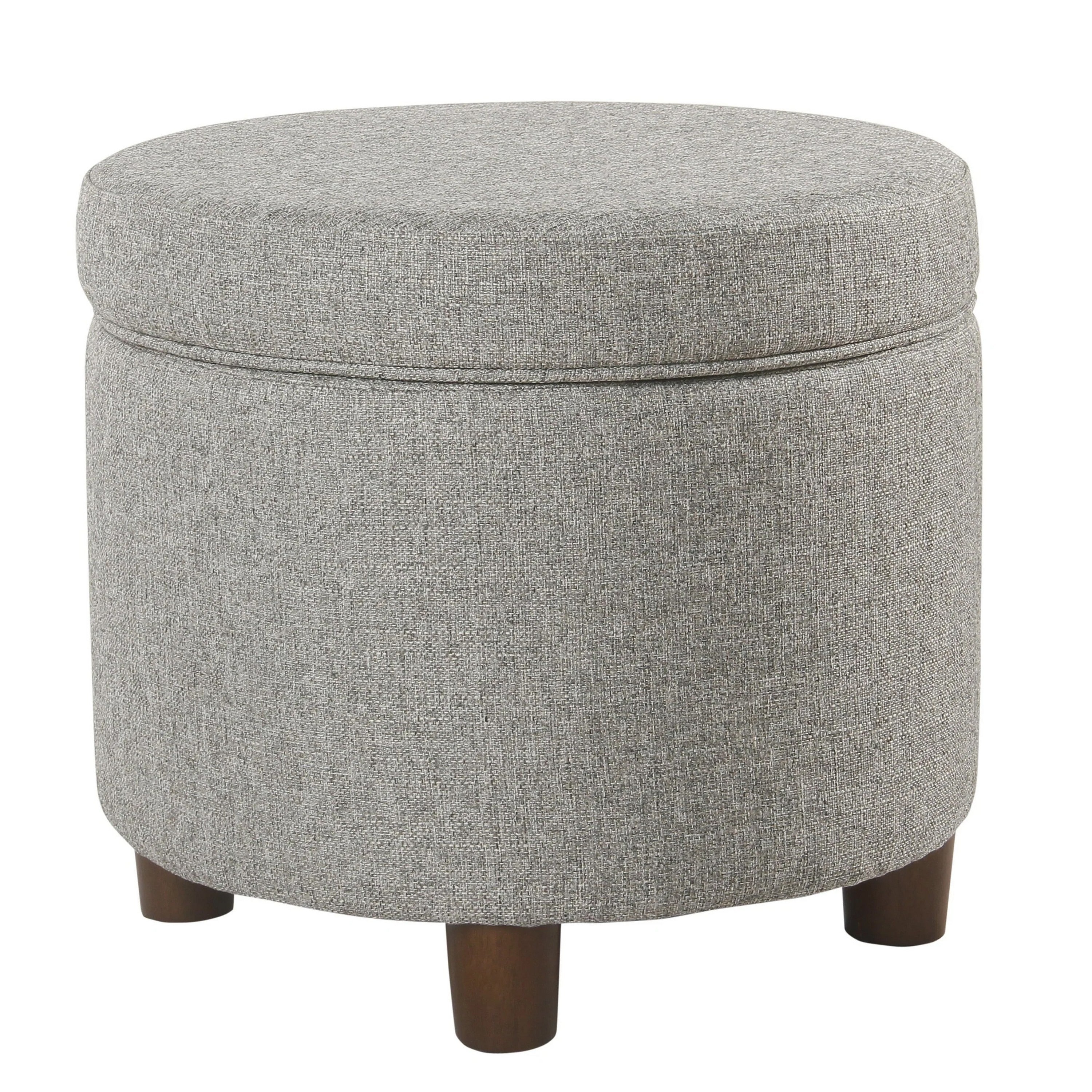 Fabric Upholstered Round Wooden Ottoman with Lift Off Lid Storage, Light Gray