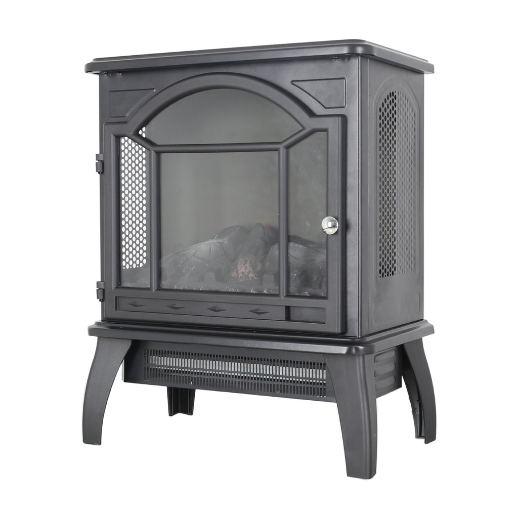Classical Free-Standing 3D Flame Electric Infrared Quartz Fireplace Stove with Remote Control in Antique Black