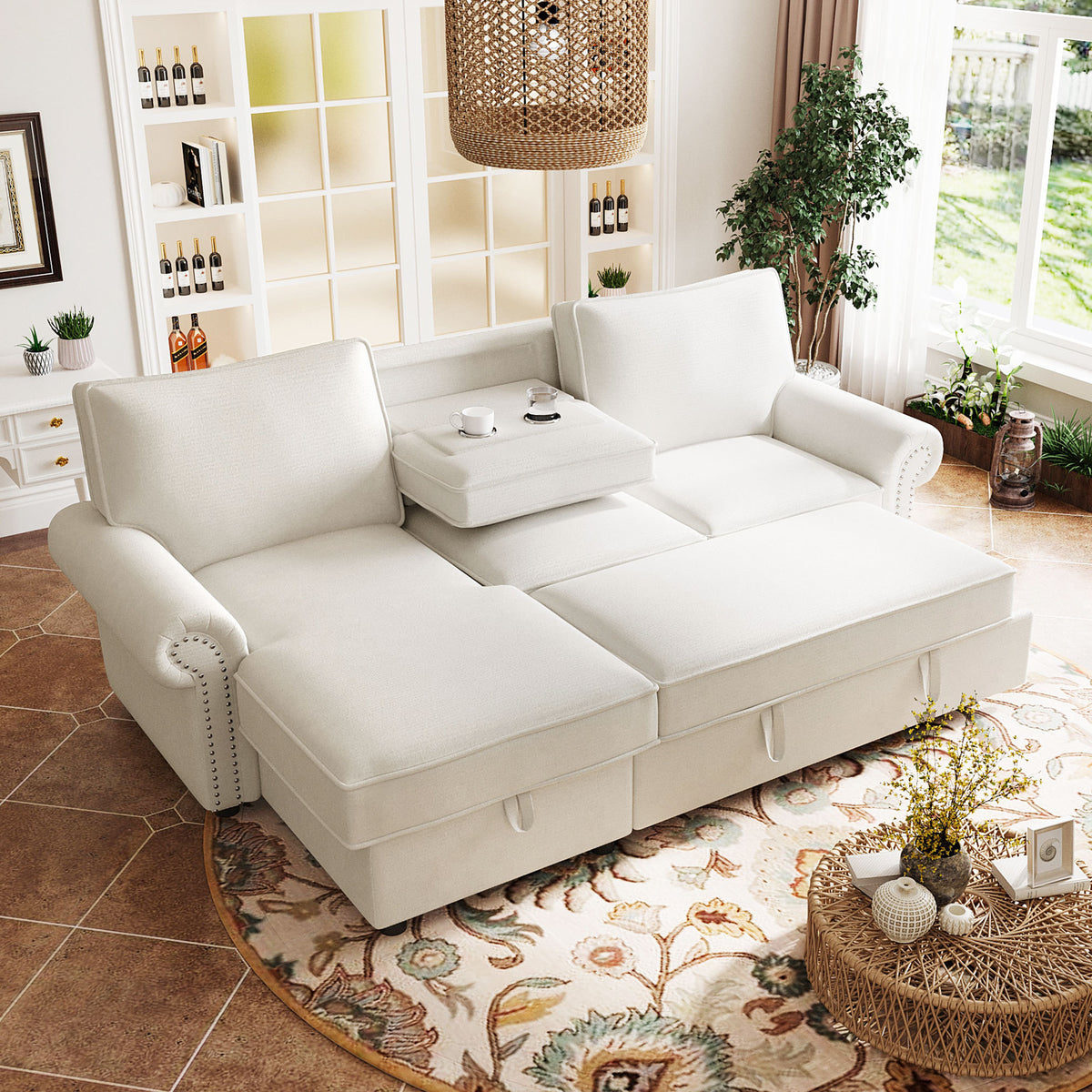 U_STYLE 95' Convertible Sectional Sleeper Sofa with Storage Chaise, Pull-Down Backrest with 2 Cup Holders, Arc Armrests with Nailhead Trim, Warp Knitting Polyester Fabric, Acacia Wood Frame