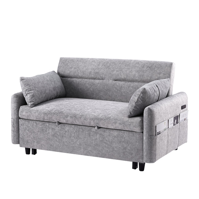 Contemporary Grey Pull Out Sleep Sofa Bed Loveseat with Adjustable Backrest, Storage Pockets, USB Ports and 2 Soft Pillows
