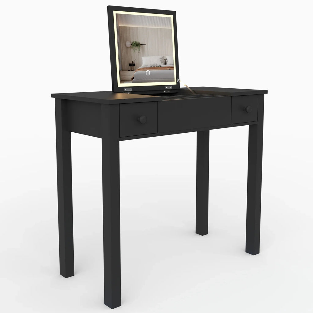 Makeup Vanity Desk with Mirror - 3-Level Adjustable LED Lighting, Flip-Top Storage 2 Drawers & 3 Removable Organizer Boxes, Multifunctional Compact Dressing Table for Bedroom, 15.75 Inch Width-Black - Eloy Royal