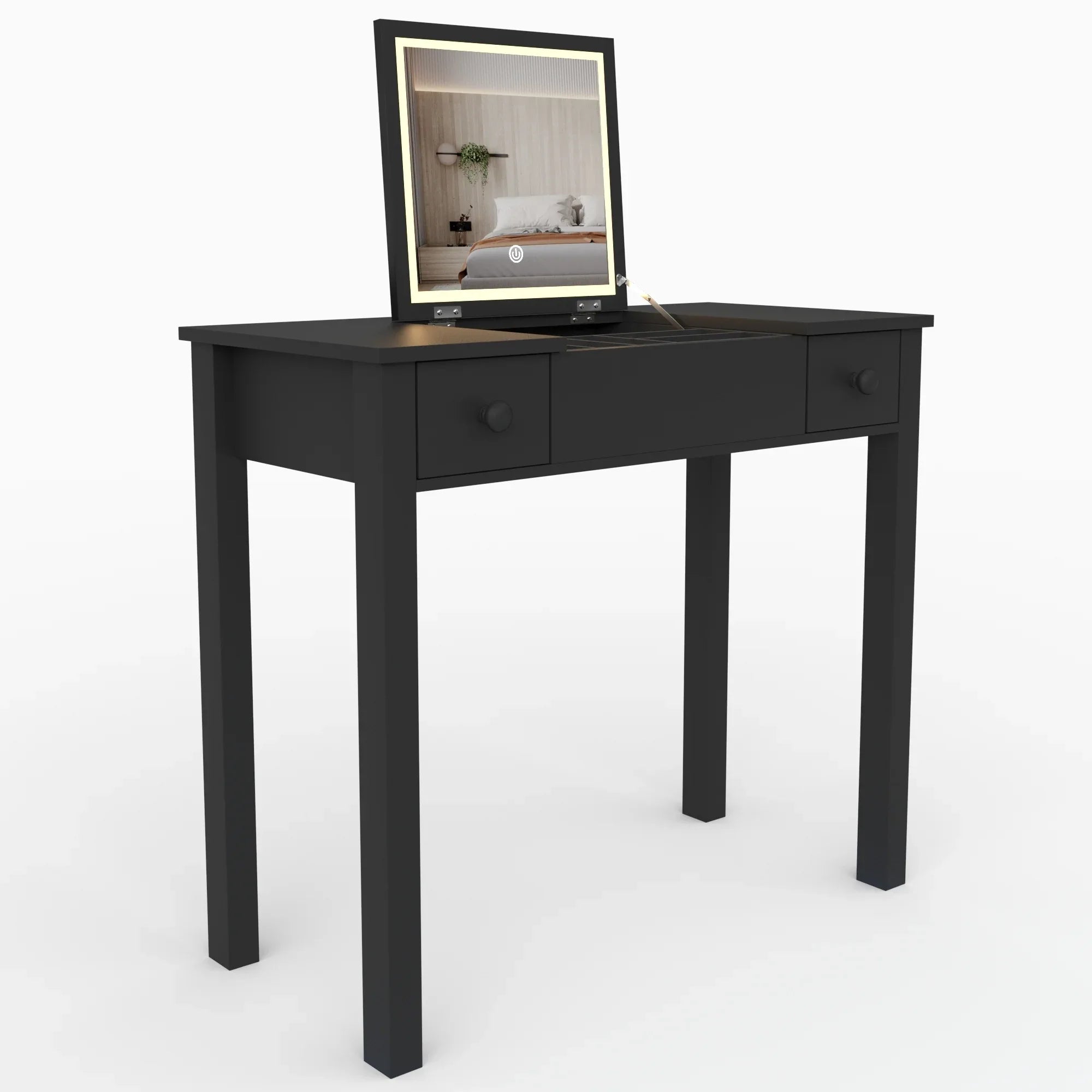 Makeup Vanity Desk with Mirror - 3-Level Adjustable LED Lighting, Flip-Top Storage 2 Drawers & 3 Removable Organizer Boxes, Multifunctional Compact Dressing Table for Bedroom, 15.75 Inch Width-Black - Eloy Royal