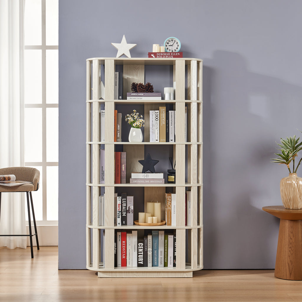 Wooden Oval Open Bookshelf, MDF Grid Frame Freestanding Bookcase, 5-Tier Easy Assembly Storage Display Rack for Living Room Home Office Decor, DIY Free Combination Storage Cabinet Study Room