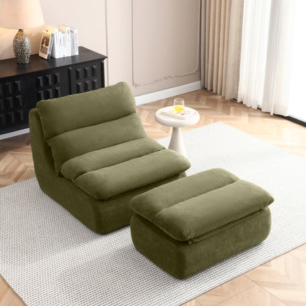32' Bean Bag Chair with Ottoman, Big Chaise Lounge Chairs for Adults, Tufted Upholstered Lazy Sofa for Living Room, Bedroom, Green