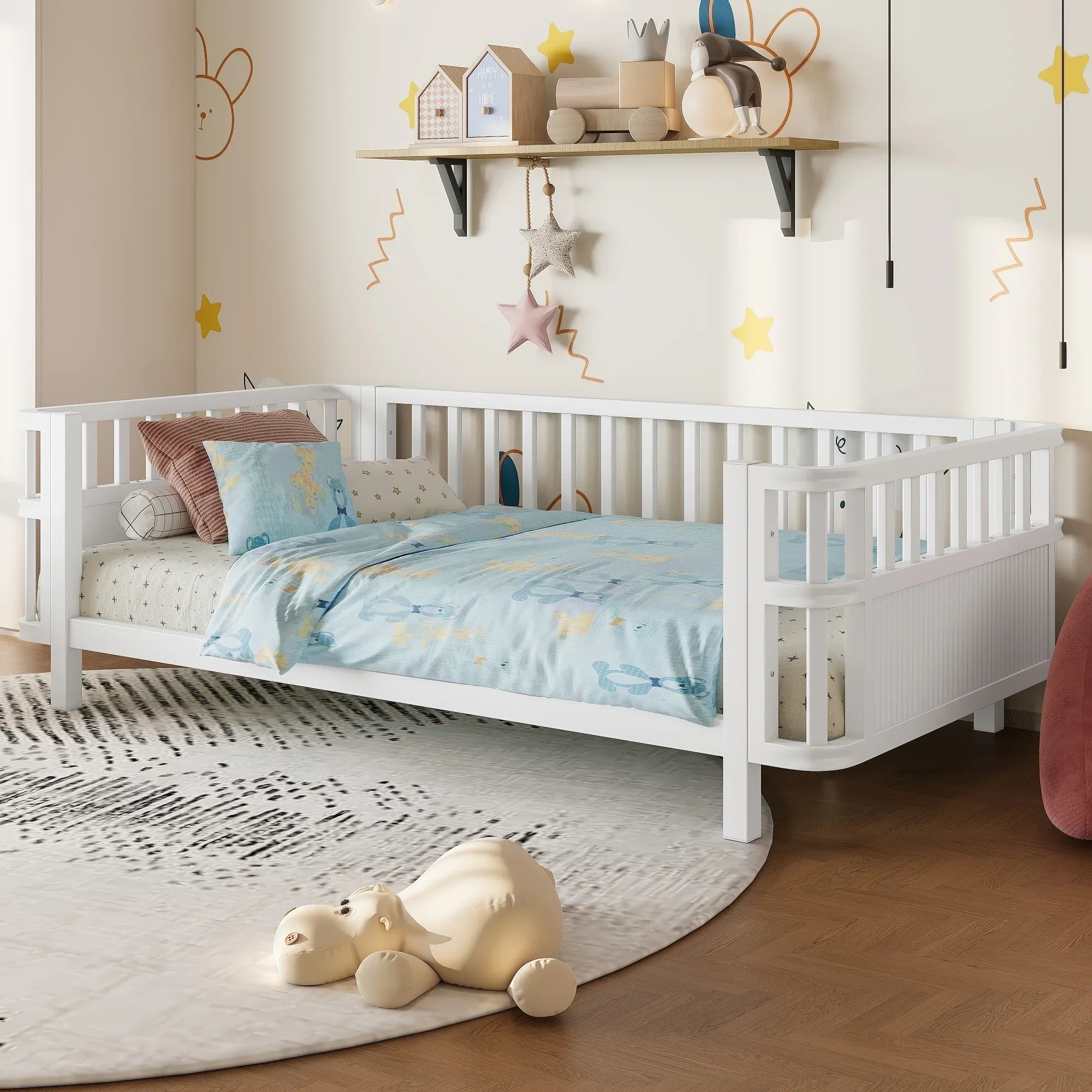 Children's double wooden platform bed with railings, a low iron double bed with railings, suitable for girls and boys, (Twin,White) - Eloy Royal