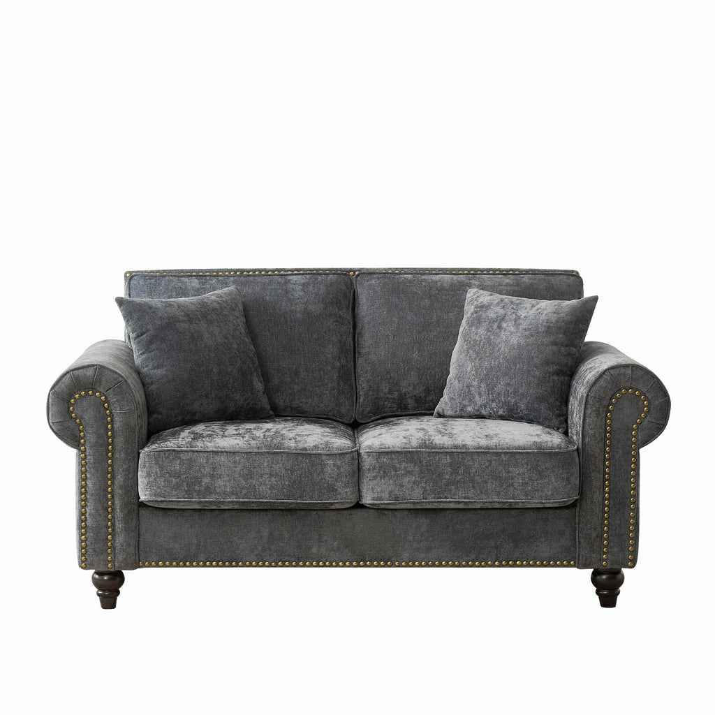 Modern 2-Seater Sofa with Rolled Arms, Tufted Upholstered Couch in Gray Fabric, 63 Inches