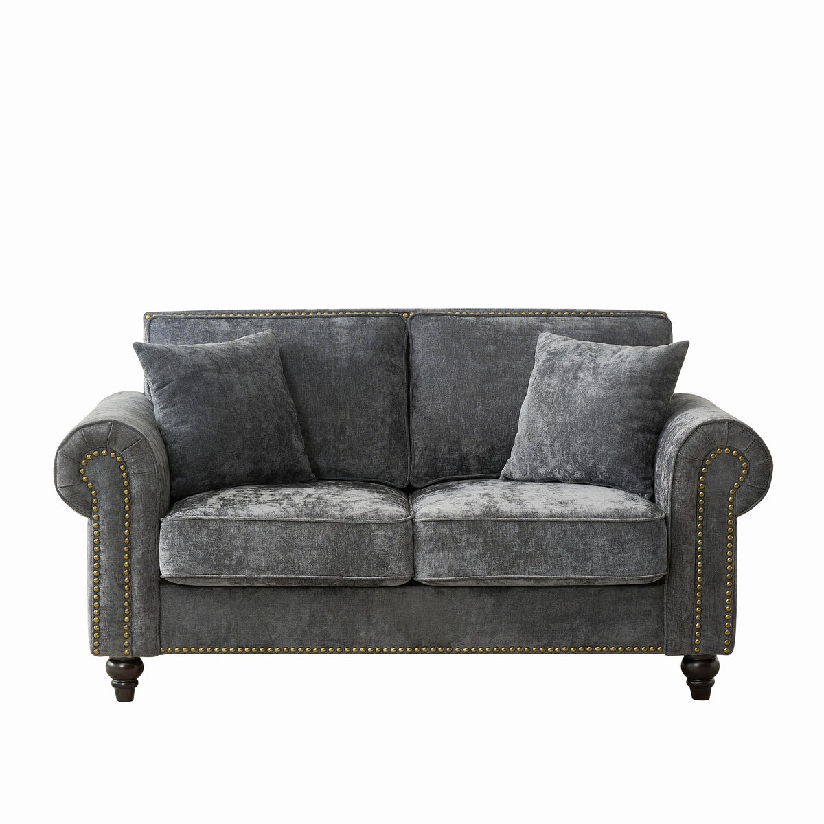 Modern 2-Seater Sofa with Rolled Arms, Tufted Upholstered Couch in Gray Fabric, 63 Inches