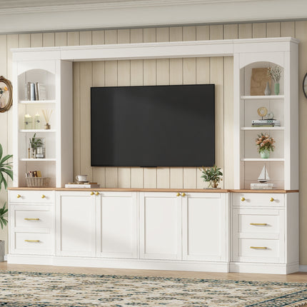 Farmhouse Arched Entertainment Center Wall Unit with Bookshelf, Retro Large TV Stand with Wood Grain for TVs Up to 70', 106inch Multi-Functional Media Console with Drawers for Living Room, White