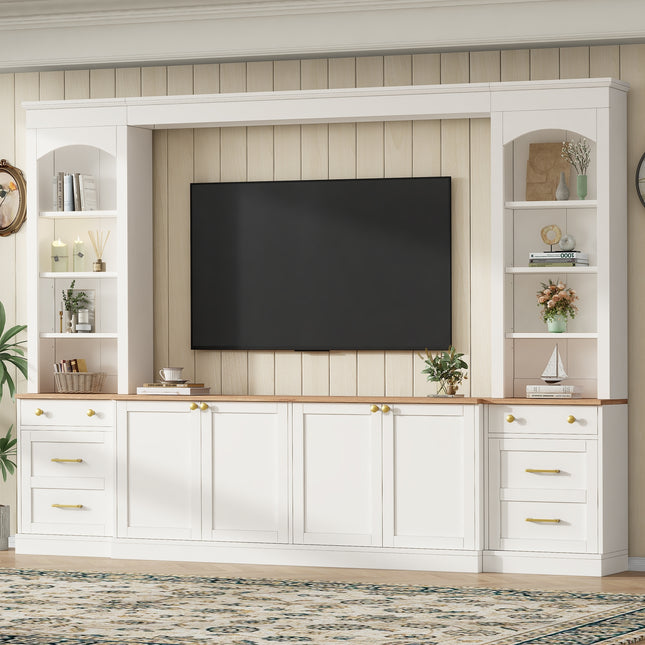 Farmhouse Arched Entertainment Center Wall Unit with Bookshelf, Retro Large TV Stand with Wood Grain for TVs Up to 70', 106inch Multi-Functional Media Console with Drawers for Living Room, White