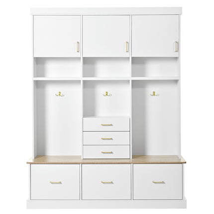 75'' H Entryway Hall Tree with Bench and Storage, 5-in-1 Modern Hall Tree with Coat Rack, 6 Drawers, 3 Cabinets and 3-Tier Top Storage for Hallway, Entryway, Living Room, Mudroom