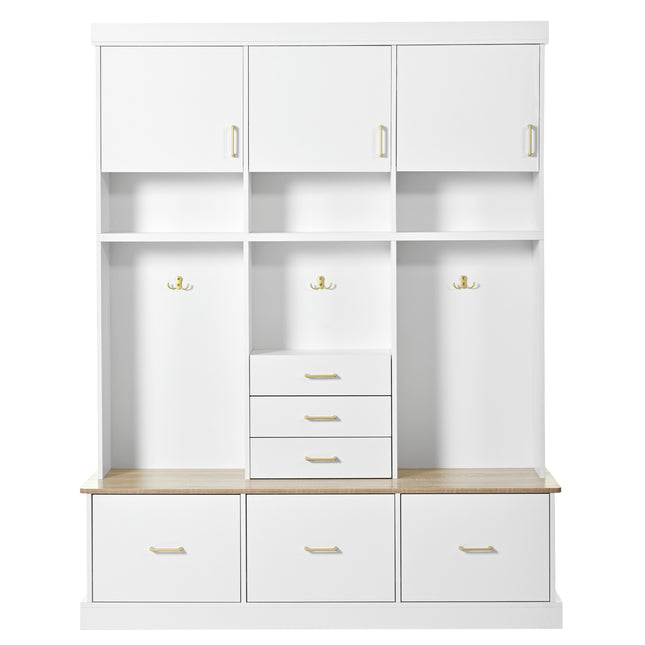 75'' H Entryway Hall Tree with Bench and Storage, 5-in-1 Modern Hall Tree with Coat Rack, 6 Drawers, 3 Cabinets and 3-Tier Top Storage for Hallway, Entryway, Living Room, Mudroom
