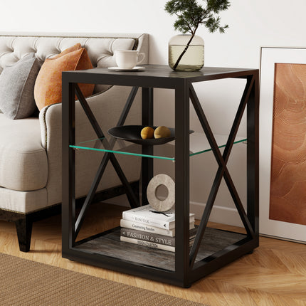 1 piece Modern End Table Nightstand for Bedroom & Living Room, Tempered Glass& Rustic Wood Grain MDF, Industrial Style Side Table