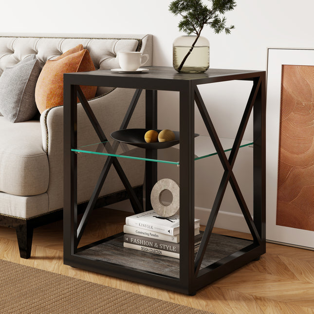 1 piece Modern End Table Nightstand for Bedroom & Living Room, Tempered Glass& Rustic Wood Grain MDF, Industrial Style Side Table