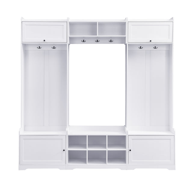 VIBE HAUS 79.1''Wide Modern Hall Tree with Shoe Storage, 4-in-1 Entryway Bench with 8 Cubbies, 7 Coat Hooks & Adjustable Shelf for Hallway, living room, White