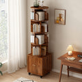 Rotating Bookshelf, 360 Degree Display 5 Tier Corner Bookshelf with Drawer for Small Space, Floor Standing Bookcase Storage Rack, Wood Narrow Organizer for Bedroom, Living Room, WALNUT COLOR