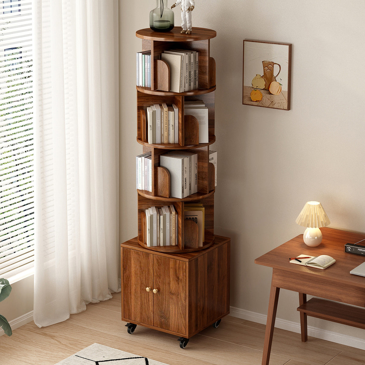 Rotating Bookshelf, 360 Degree Display 5 Tier Corner Bookshelf with Drawer for Small Space, Floor Standing Bookcase Storage Rack, Wood Narrow Organizer for Bedroom, Living Room, WALNUT COLOR