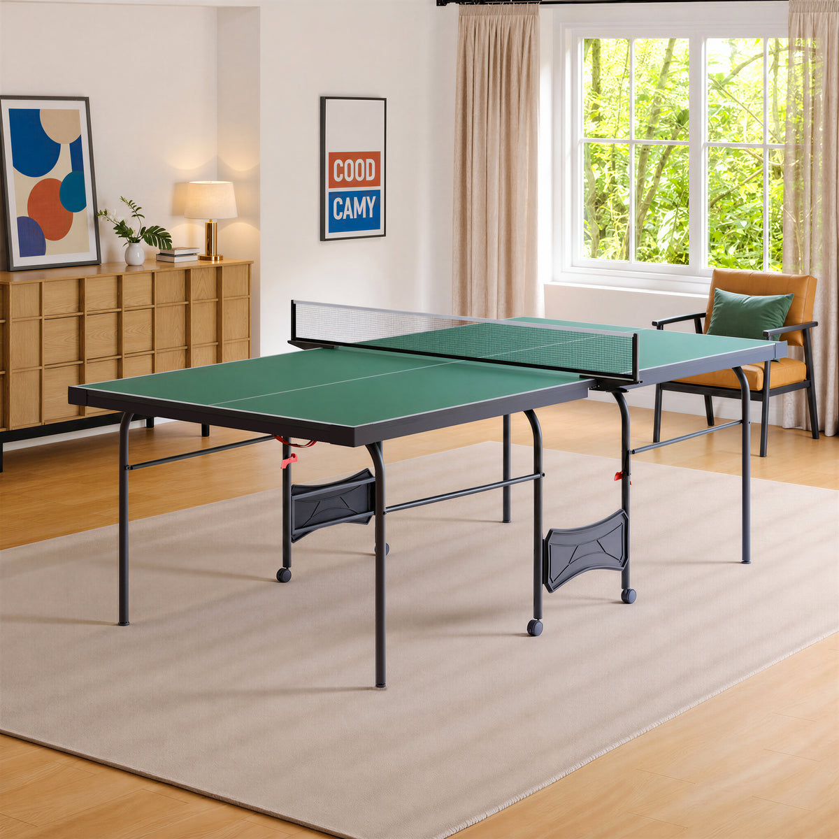 8 FT Foldable Portable Ping Pong Table with Quick-Clamp Net & Post Set, Indoor & Outdoor Use, Supports Solo Play Mode, Green