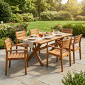 7 Pieces Acacia Wood Outdoor Dining Set s,Modern 6 Chairs  1 Large Table,Dining Furniture Set for Lawn, Backyard, Garden Deck,Poolside,Teak