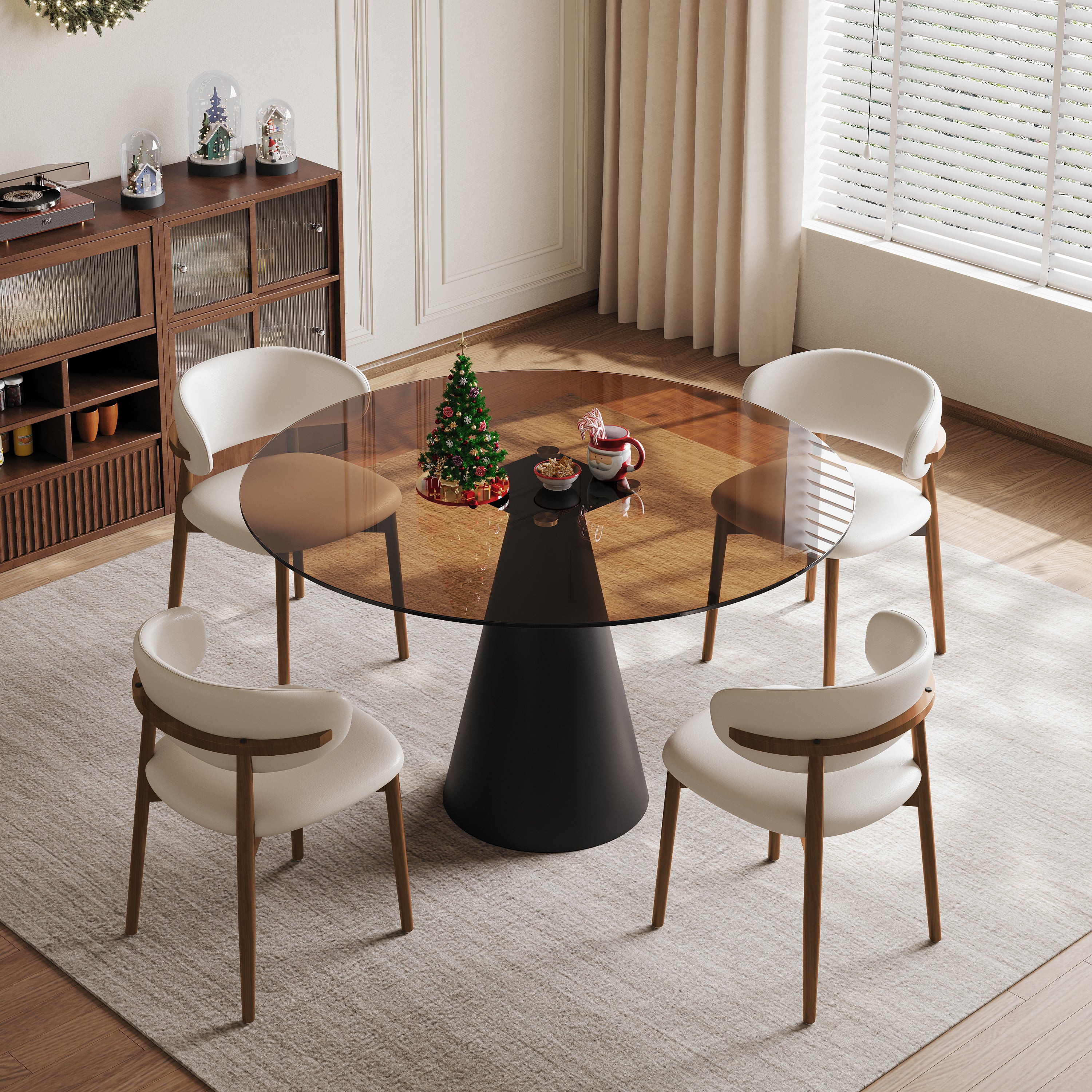 35-inch round glass dining table, with tempered glass tabletop and carbon steel legs. Suitable for 2-4 people. Dark brown small round dining table, suitable for restaurants and apartments. (4 chair)