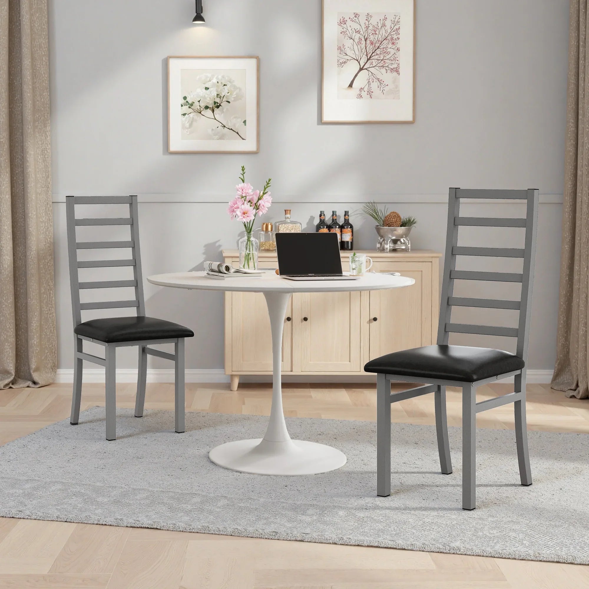 Grey Metal Dining Chairs Set of 2 with Steel Legs and PU Leather Seats, High Back Armless Design for Kitchen or Living Room - Eloy Royal