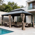 12x24FT Outdoor Gazebo, Hardtop Gazebo with Galvanized Steel Double Roof, Metal Gazebos with Drainage System Patio Pergola for Patio Deck Backyard, Curtain and Netting, Brown