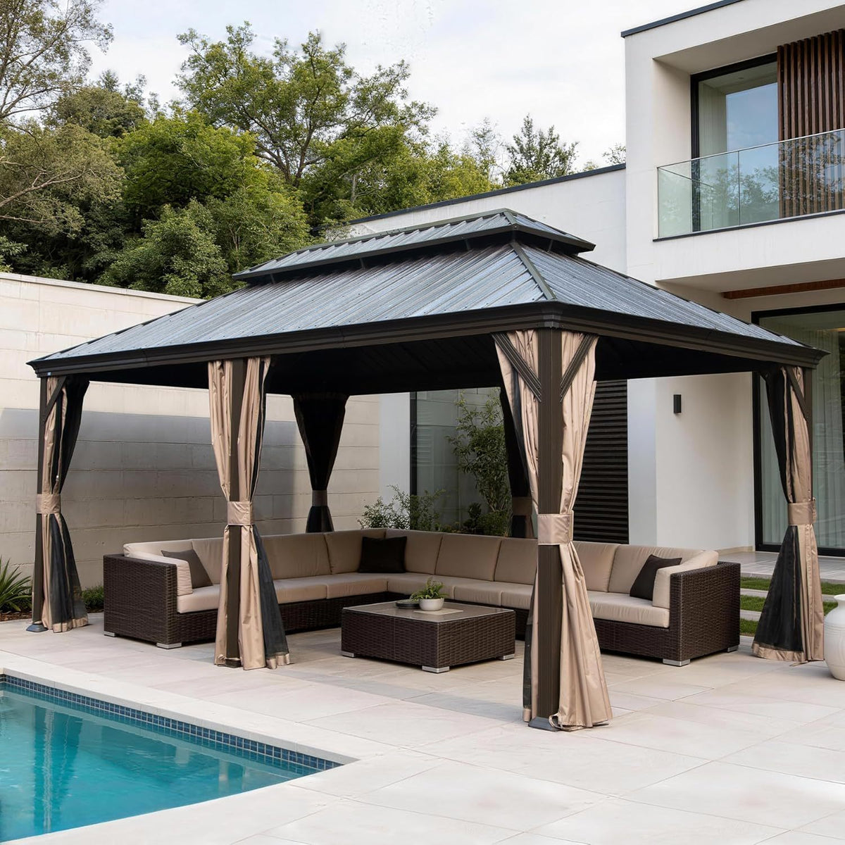 12x24FT Outdoor Gazebo, Hardtop Gazebo with Galvanized Steel Double Roof, Metal Gazebos with Drainage System Patio Pergola for Patio Deck Backyard, Curtain and Netting, Brown