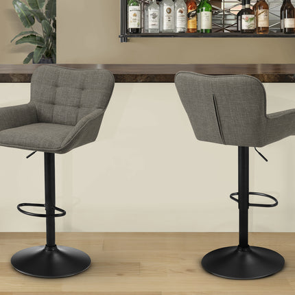 Barstool, Set Of 2, Adjustable, Swivel, Bar Height, Counter Height, Kitchen, Taupe Fabric, Black Metal, Contemporary, Modern
