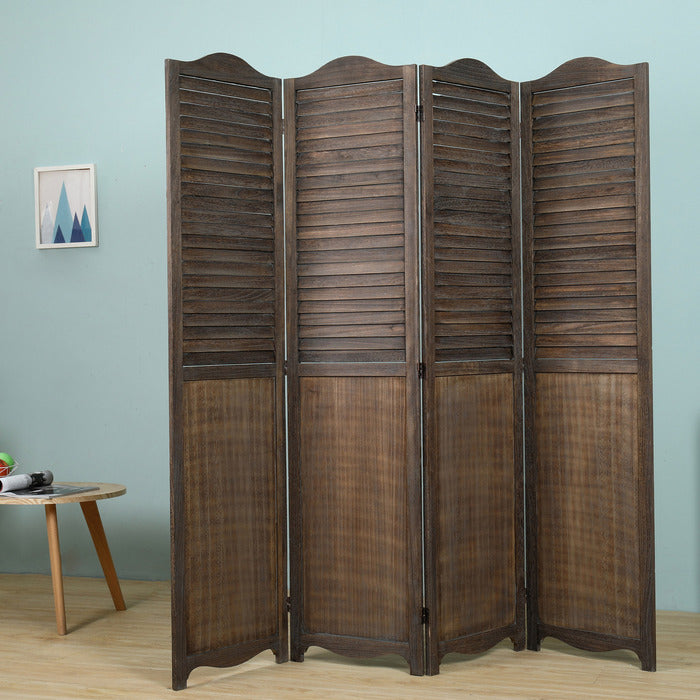 Antique Brown 4 Panel Arc Top Rustic Shutter Style Room Divider, Rustic Wood Foldable Room Divider