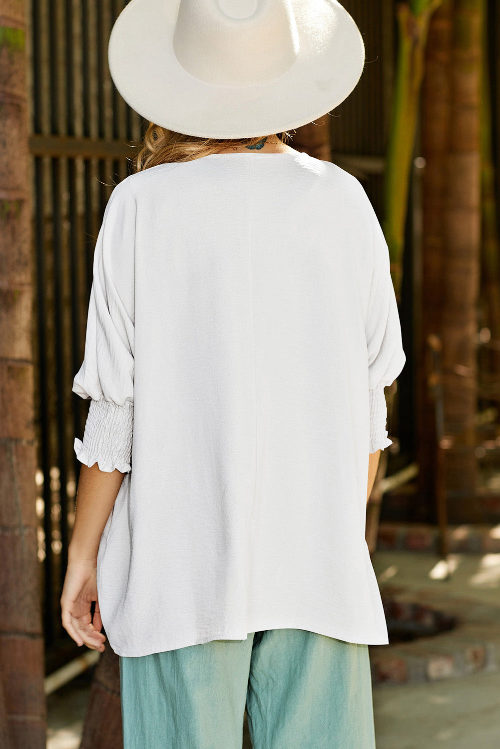 White Plain & Casual Shirred Cuffs Half Sleeve Top - Eloy Royal