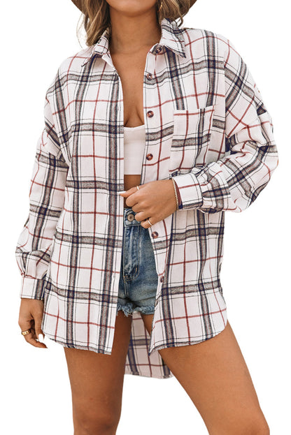 White Plaid Slits Bishop Sleeve Oversized Shacket - Eloy Royal