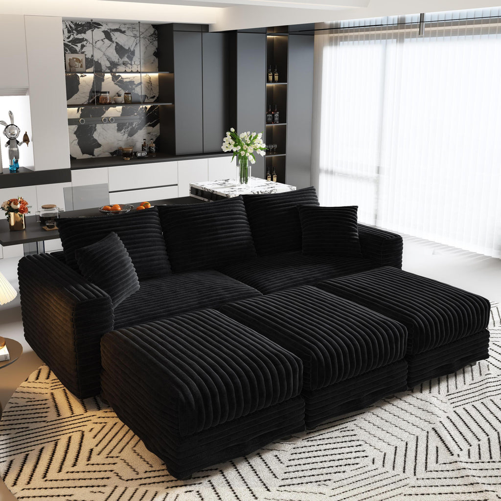 82.7 'Plush Corduroy 3-Seat Sofa,Modern Comfy Upholstered Sofa Cloud Couch,Deep Seat Couches with Soft Pillows and 3 Ottomans,Convertible Sofa Lounge Chair,Black - Eloy Royal