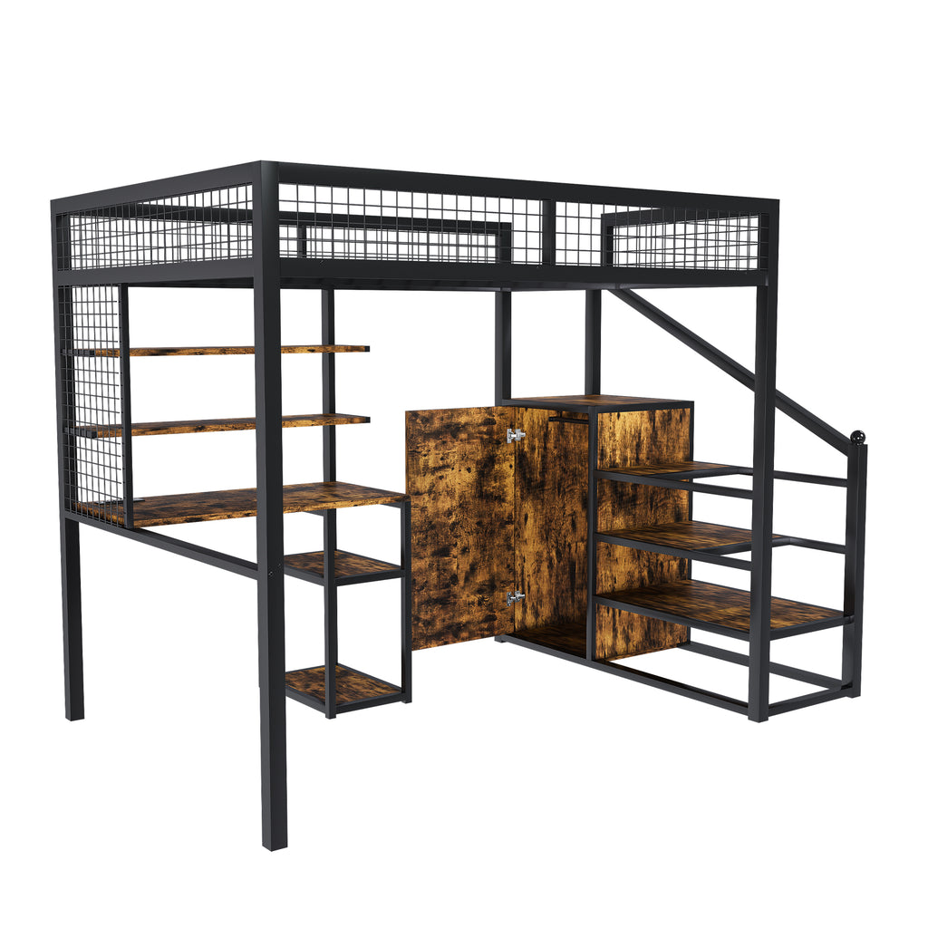 Full-Size Loft Bed with Desk & Wardrobe - Heavy Metal Frame, Built-In Staircase, Storage Rack & Shelves - Gaming Bed for Adults/Teens in Black