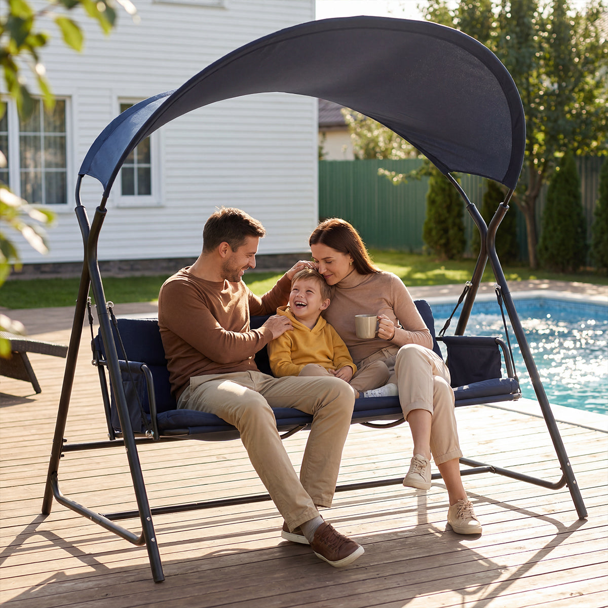 3-Person Outdoor Patio Swing Chair, Heavy-Duty Metal Frame Garden Porch Swing with Cushion