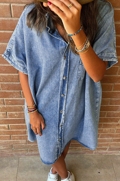 Light Blue Vintage Wash Loose Denim Shirt Dress - Eloy Royal