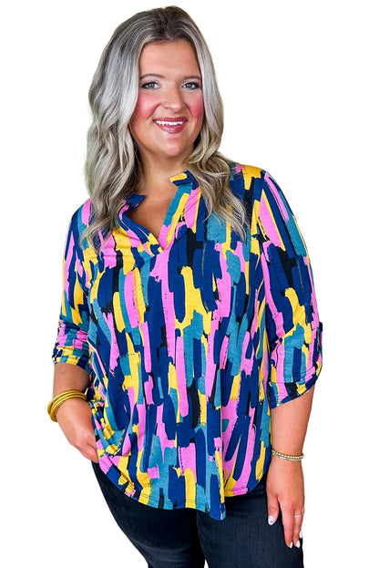 Blue Plus Size Abstract Print 3/4 Sleeve Blouse - Eloy Royal