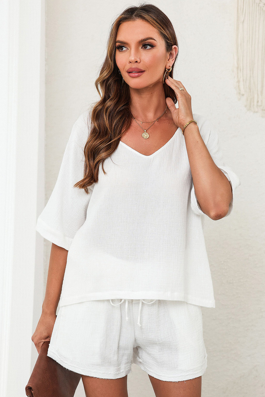 White Loose V Neck Blouse & Drawstring Raw Hem Shorts Set - Eloy Royal