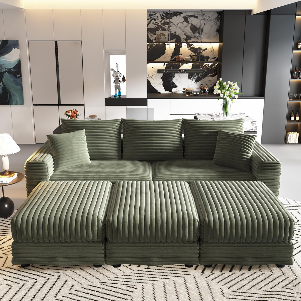 82.7 'Plush Corduroy 3-Seat Sofa,Modern Comfy Upholstered Sofa Cloud Couch,Deep Seat Couches with Soft Pillows and 3 Ottomans,Convertible Sofa Lounge Chair,Green - Eloy Royal