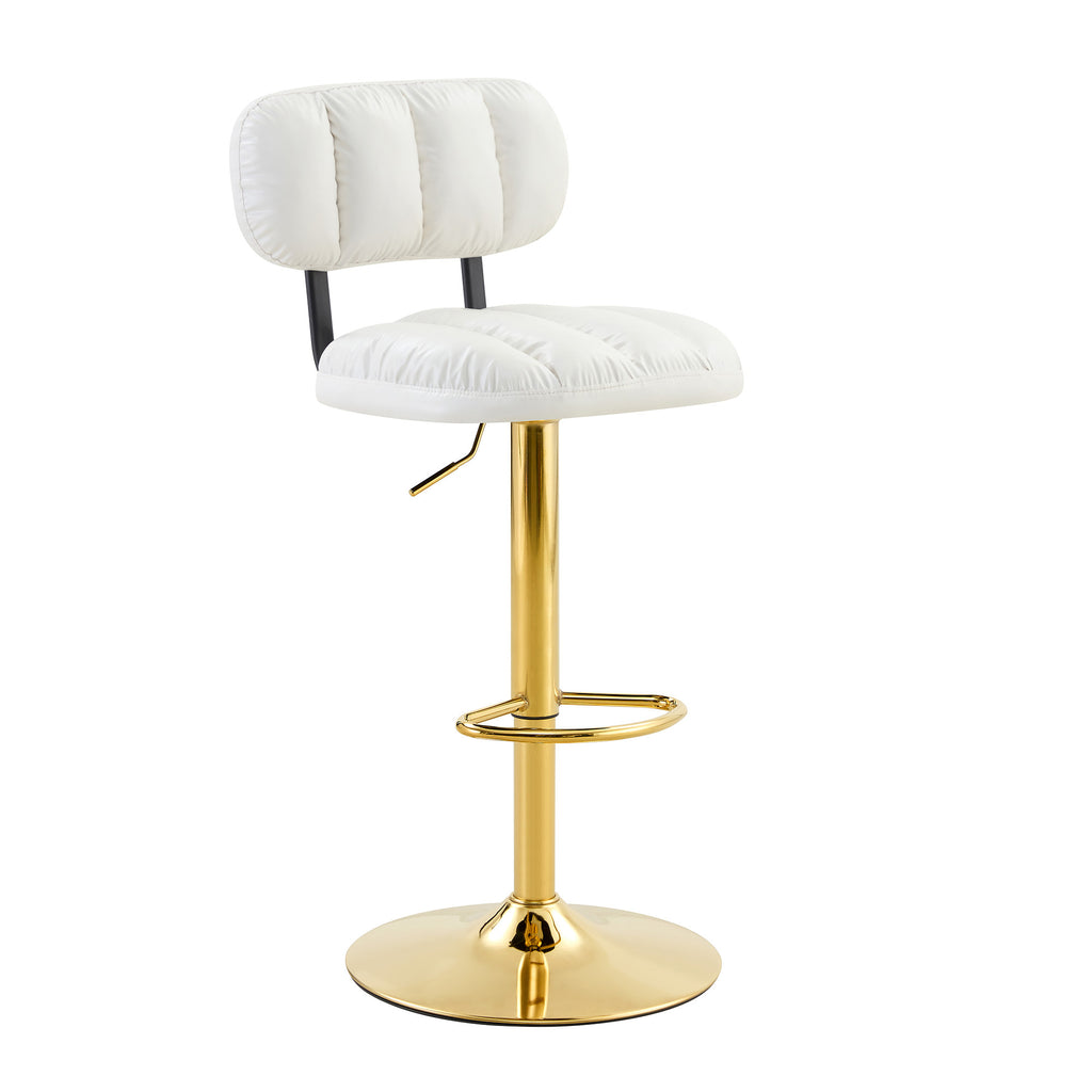 Luxe Glam Adjustable Height Bar Stools Set of 2 in White PU Leather with Gold Metal Base and Footrest